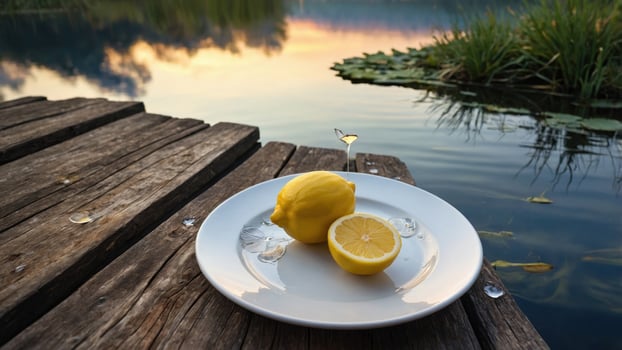 Fresh lemons on a white plate beside a tranquil lake at sunset, with lily pads in the background photo