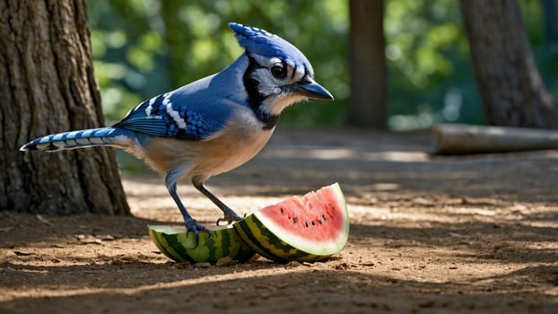 A blue jay perched on a watermelon slice in a sunlit forest, enjoying a refreshing snack photo
