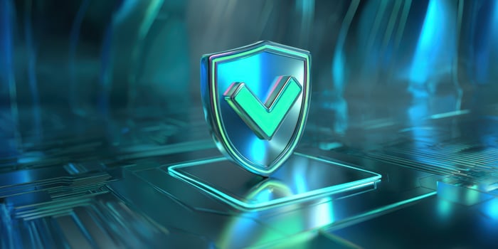The shiny shield icon representing security and trust in digital technology. photo