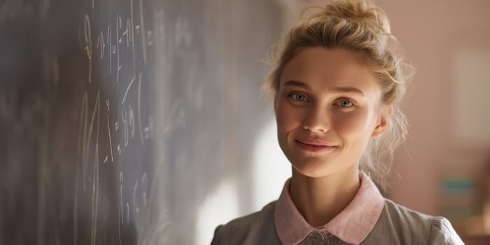 The confident teacher smiling next to a chalkboard full of equations. photo