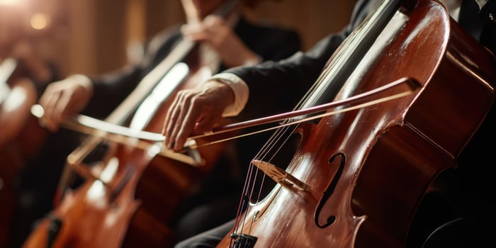 The elegant performance of cellists playing beautiful classical music together. photo