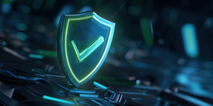 The glowing shield symbolizing security and protection in the digital age. photo