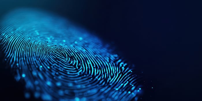 The intricate digital fingerprint showcasing technology and modern security elements. photo