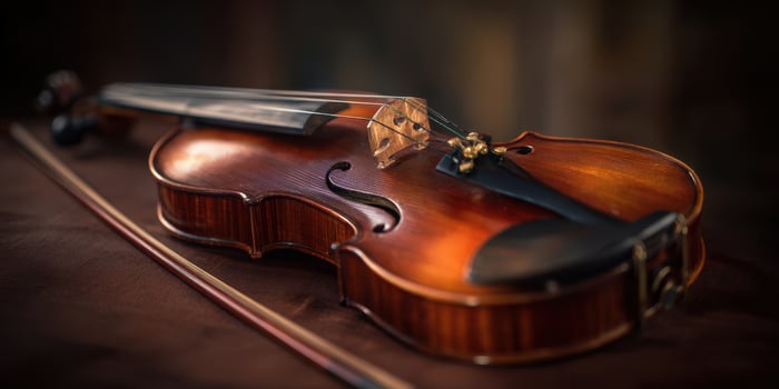 The elegant violin resting on a rich brown surface with bow nearby. photo