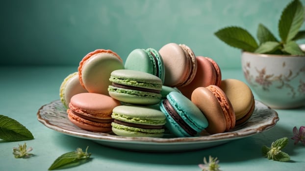Colorful assortment of macarons arranged on a vintage plate with mint leaves and floral background photo