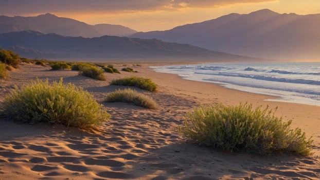 Serene beach landscape at sunset with gentle waves, distant mountains, and lush coastal vegetation photo