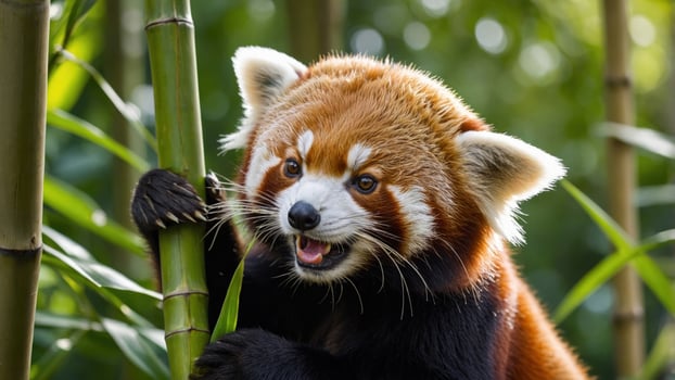 Playful red panda climbing bamboo, surrounded by lush greenery in a serene forest setting photo