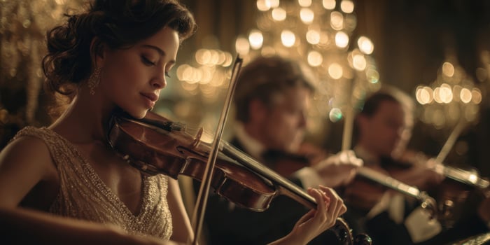 The elegant violinist performing at a luxurious evening concert event. photo