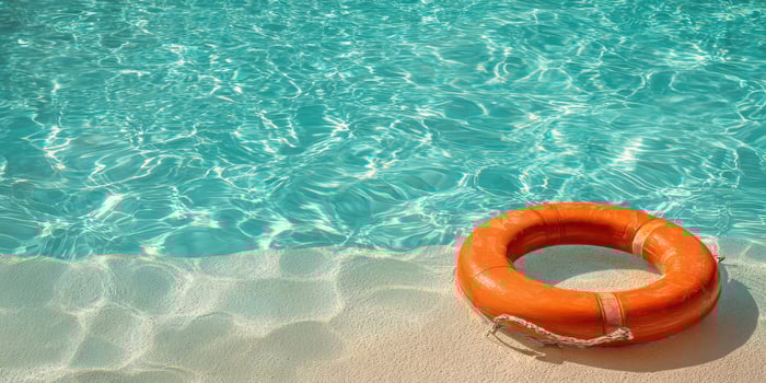 The vibrant lifebuoy floating near the tranquil swimming pool surface. photo