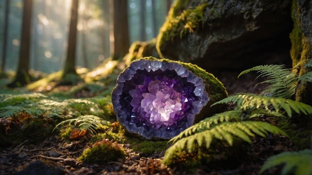 Amethyst geode nestled in a lush forest with sunlight filtering through trees, highlighting nature's beauty photo