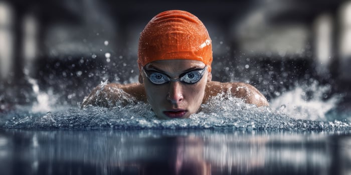 The swimmer pushing through water with intense focus and determination. photo
