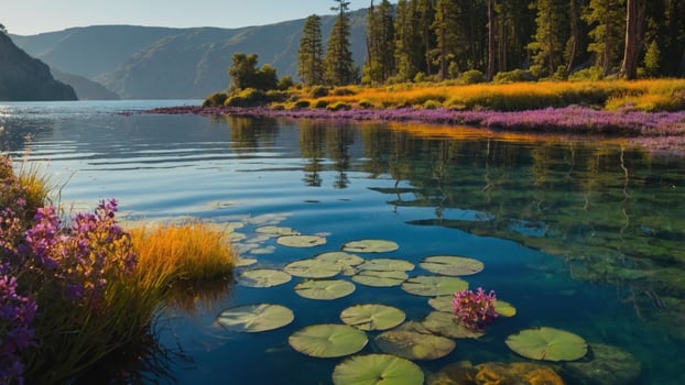Serene lake scene with vibrant lily pads and wildflowers, surrounded by lush trees and mountains photo