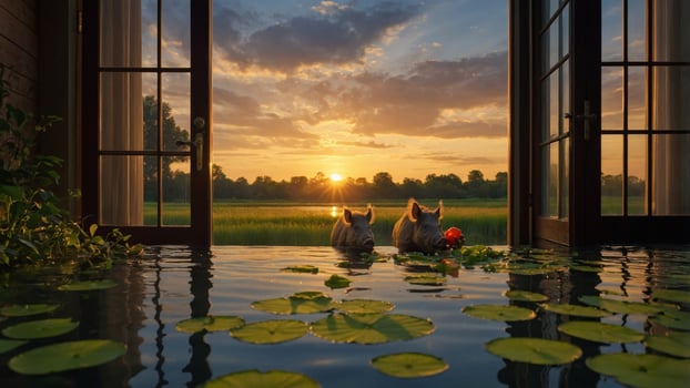 Two pigs enjoying a serene sunset in a flooded room, surrounded by lily pads and open doors photo