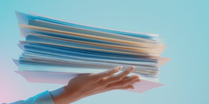The hand holding a vibrant stack of organized documents against a colorful backdrop. photo
