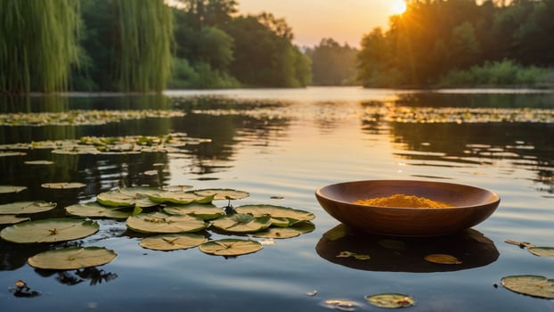 Serene sunset over a tranquil lake with a wooden bowl of spices surrounded by lily pads photo