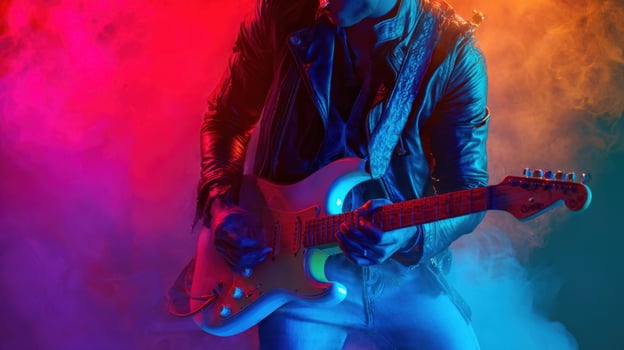 The musician playing an electric guitar surrounded by colorful stage lights. photo