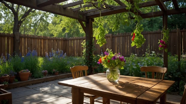 A serene garden setting featuring a wooden table adorned with a vibrant flower vase under a pergola photo