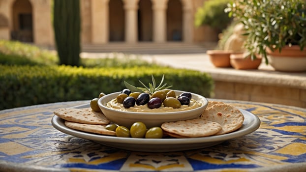 A beautifully arranged plate of hummus with olives and pita bread set in a serene courtyard garden photo