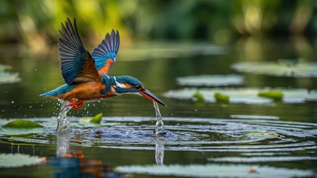 Vibrant kingfisher diving into serene water, creating splashes among lily pads in a lush environment photo