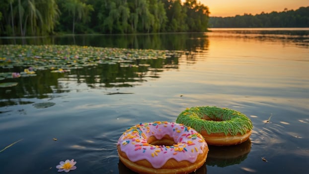Colorful donuts floating on a serene lake at sunset, surrounded by lily pads and lush greenery photo