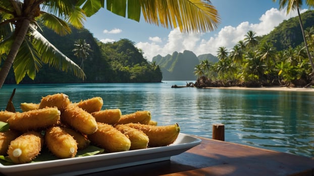 Tropical beach scene featuring a plate of golden fried bananas with lush palm trees and mountains in background photo