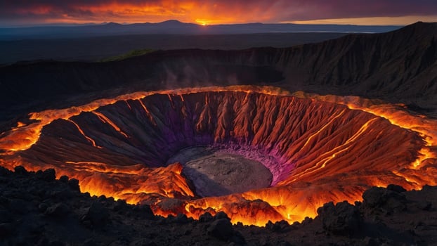 Majestic volcanic crater at sunset, glowing lava, dramatic sky, with distant mountains and clouds photo