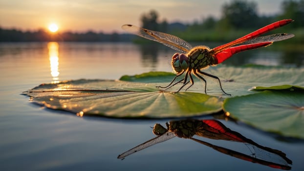 Vibrant red dragonfly perched on a lily pad at sunset, reflecting on calm water, serene nature scene photo