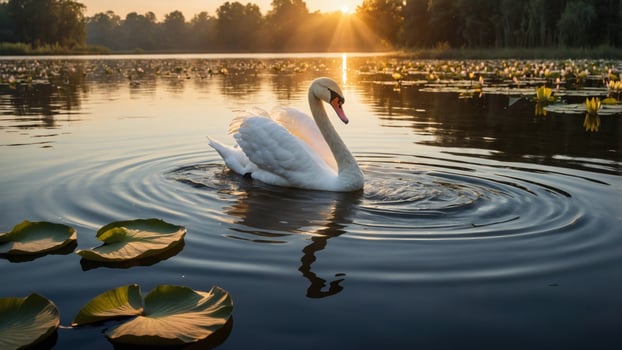 Elegant swan gliding on a tranquil lake at sunrise, surrounded by lily pads and soft light photo