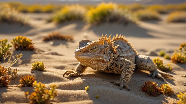 Bearded dragon basking on warm desert sand surrounded by sparse vegetation under a golden sunset photo