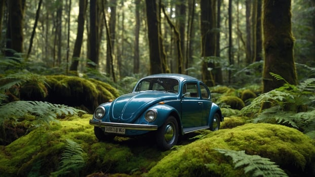 Vintage blue car parked amidst lush green ferns in a serene forest environment, showcasing nature photo