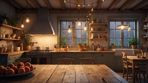 Cozy kitchen interior with wooden furniture, warm lighting, and potted plants, creating a homely atmosphere photo