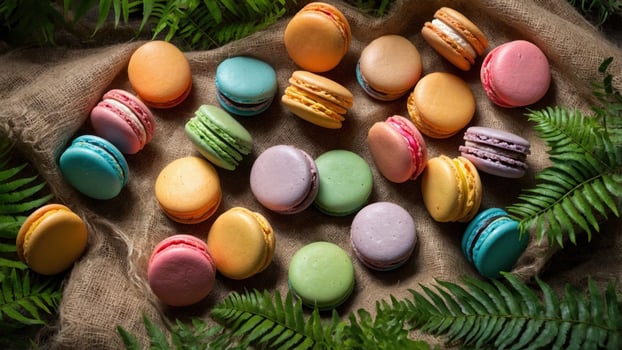 Colorful assortment of macarons displayed on burlap with ferns in the background, perfect for desserts photo