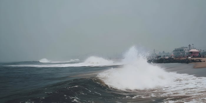 Ocean waves crashing on a beach near buildings on an overcast day photo