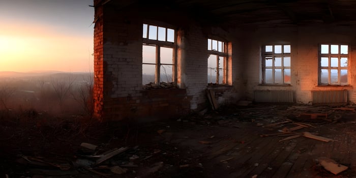 Sunset view from a dilapidated brick building room photo