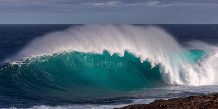 Large ocean wave crashing against rocks photo