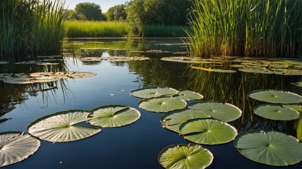 Tranquil pond with lily pads floating on calm water, surrounded by lush greenery and trees photo