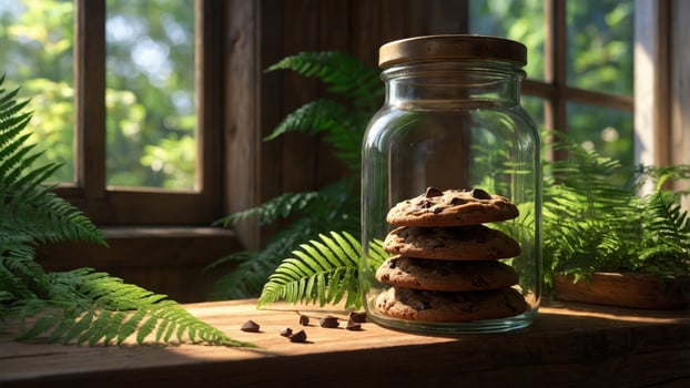 A jar filled with freshly baked chocolate chip cookies sits on a wooden table surrounded by ferns, with sunlight streaming through the window creating a warm ambiance photo