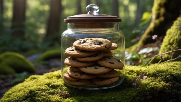 Glass jar filled with chocolate chip cookies placed on mossy ground in a serene forest setting photo