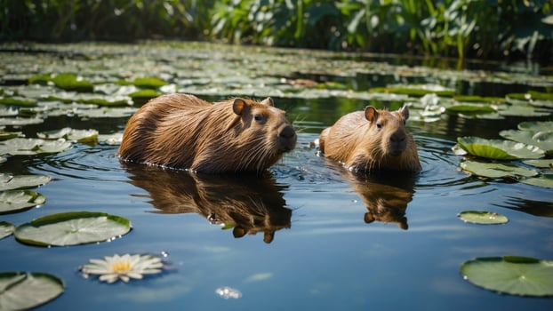 Two capybaras swimming in a serene pond surrounded by lily pads and lush greenery photo