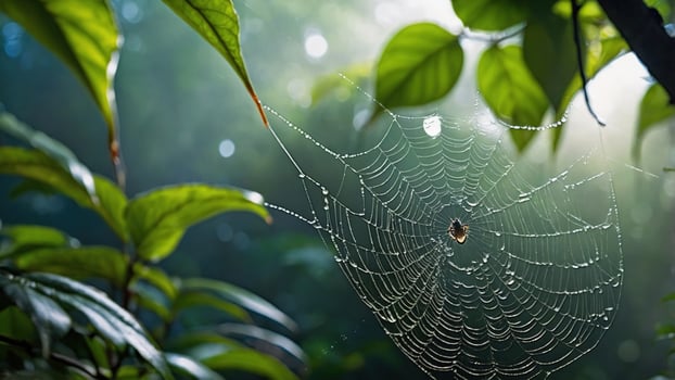 Intricate spider web glistening with dew in a lush green forest, sunlight filtering through leaves photo