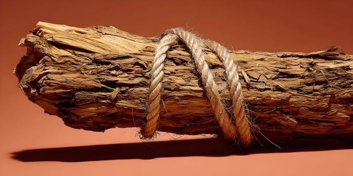 Rough log tied with rope on brown background photo