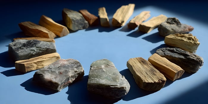 Stones and Palo Santo wood arranged in a circle on blue background photo