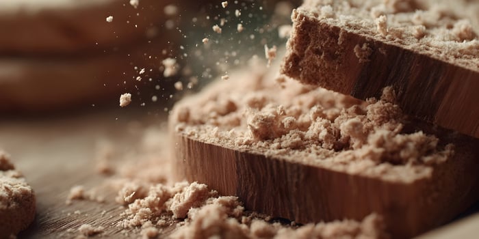 Brown powder crumbles from a block of wood onto a wooden surface photo