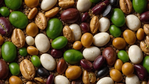 A vibrant assortment of colorful beans and seeds scattered on a textured surface, showcasing diversity photo