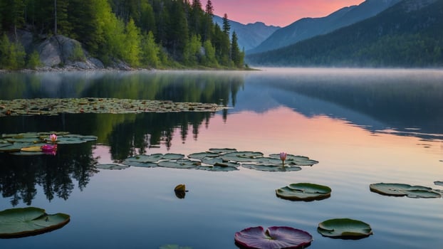 Serene lake at dawn with lily pads, surrounded by mountains and mist, reflecting tranquil colors photo