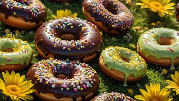 Colorful assortment of decorated donuts on a vibrant green grass background with flowers photo