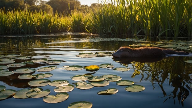A serene scene of a beaver swimming through a lily pad-covered pond at sunset, surrounded by lush greenery photo