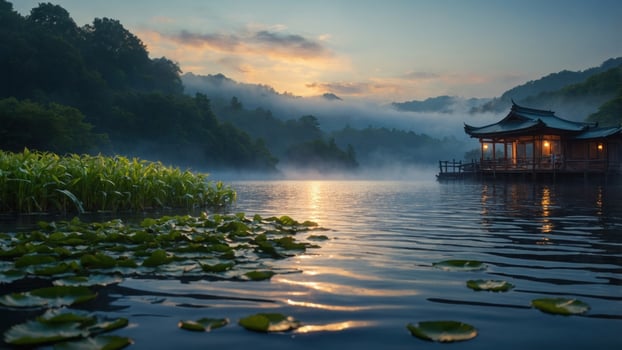 Serene morning at a lakeside pavilion surrounded by misty mountains and floating lily pads photo