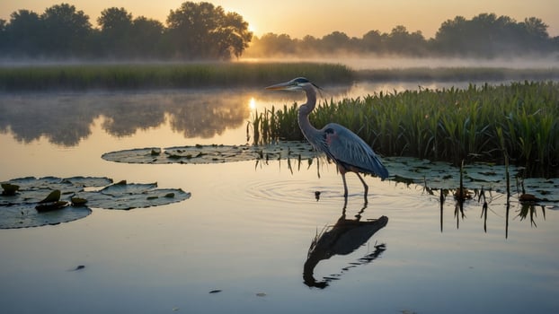 Majestic heron standing in tranquil waters at sunrise, surrounded by misty landscape and lily pads photo