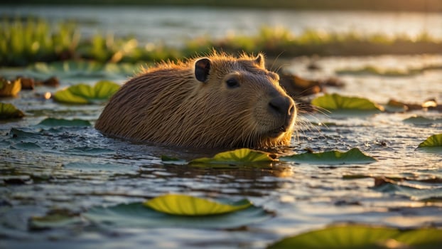 Capybara swimming amidst lily pads in a serene water landscape during sunset, showcasing nature's beauty photo
